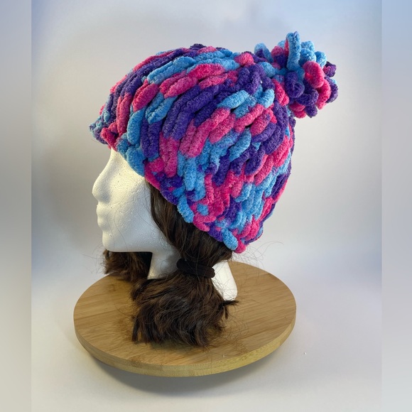 Handmade Kid’s Super Soft & Cozy Winter Hat With Loopy Pom-Pom- Pink/Purple/Blue - Picture 5 of 9